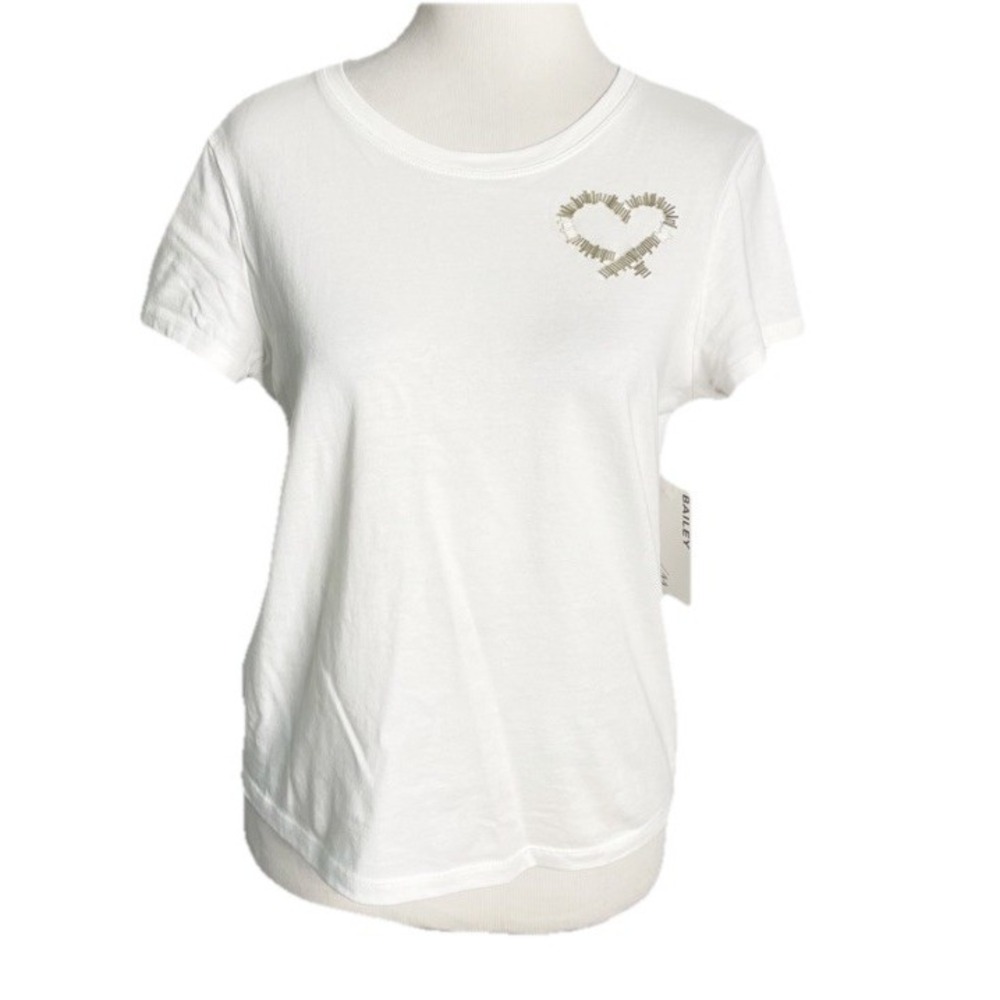 Bailey 44 Heart Rhinestone White Short Sleeve Tee Shirt Top Small Casual Party - Picture 1 of 3